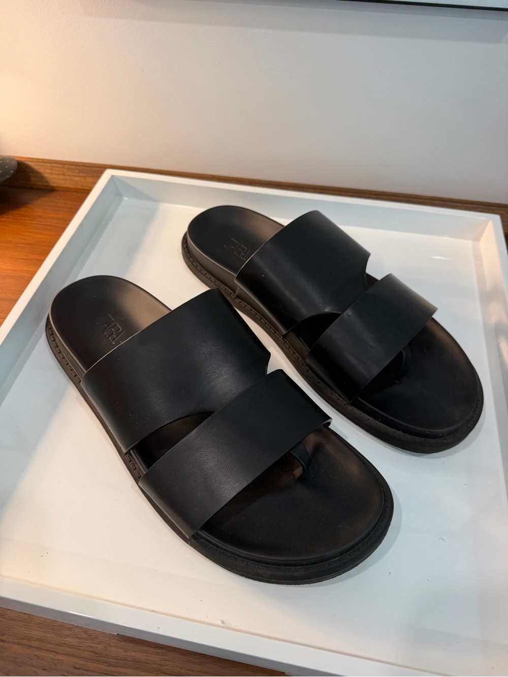 Zara Black Double-strap Leather Slide Sandals